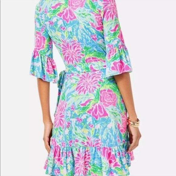 Lilly Pulitzer Dress Kassi Zanibar Blue Bunny Ruffled Faux-Wrap Dress Size S - Picture 2 of 10
